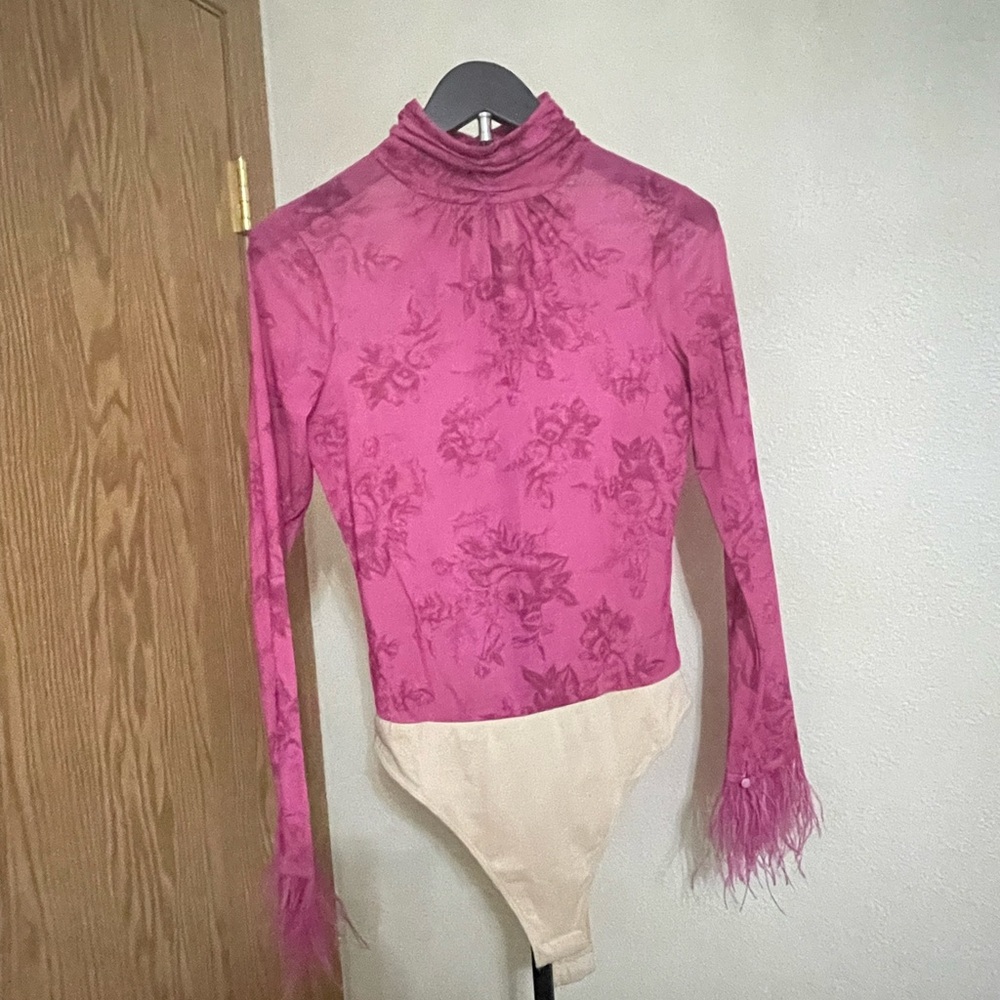 Wayf magenta Floral Bodysuit with Feather Cuffs